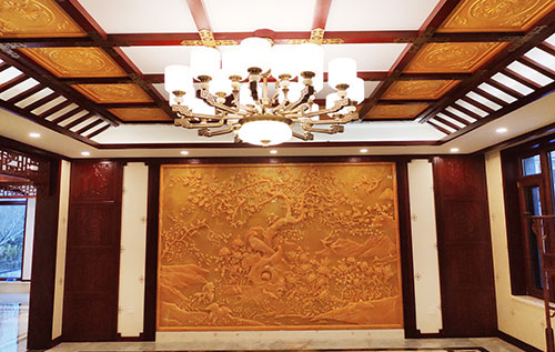 昌洒镇中式别墅客厅中式木作横梁吊顶装饰展示
